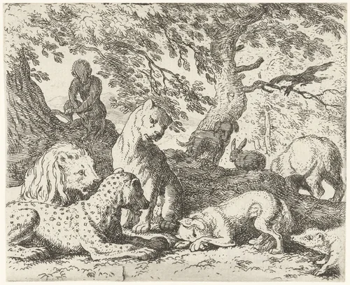 Reinaert beschrijft een onware samenzwering tegen koning Nobel by Allaert van Everdingen, print, 1665-1675