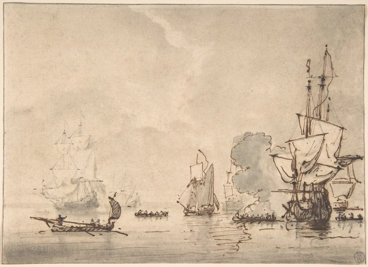 A Frigate at Anchor, Saluting a Nearby Yacht by Willem van de Velde, drawing, 1620-1693