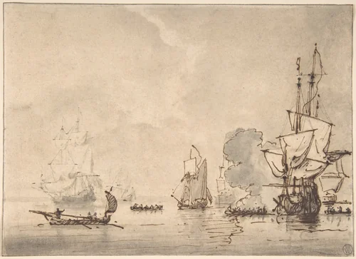 A Frigate at Anchor, Saluting a Nearby Yacht by Willem van de Velde, drawing, 1620-1693