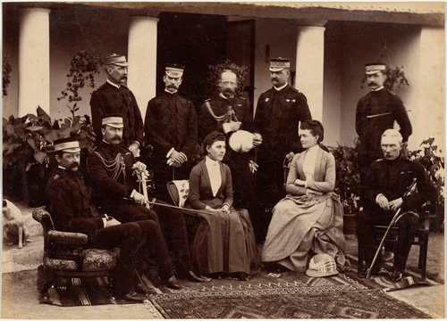 The Duke and Duchess of Connaught, with Col. Adam, Captain H.V. Benett, Col. Becher, Gen. Knowles, Captain Herbert, Col. Cavaye, Mrs. Cavaye, and Gen. R. Gellispie, Mhow by Raja Deen Dayal, photograph, 1887