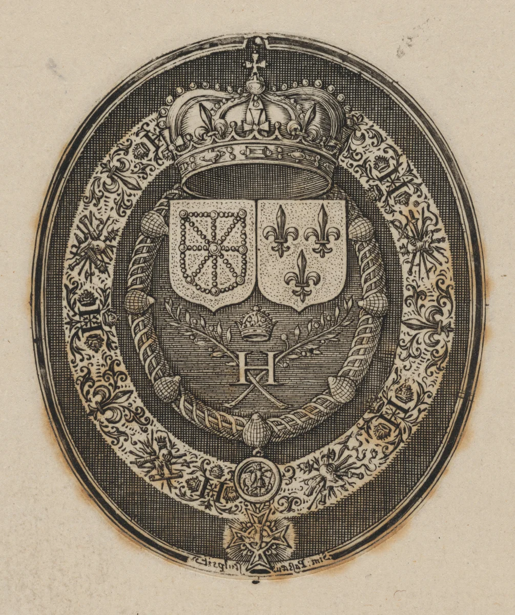 Shields of Henri IV and Maria de Medici [bottom half] by Simon van de Passe, print, 1595-1647