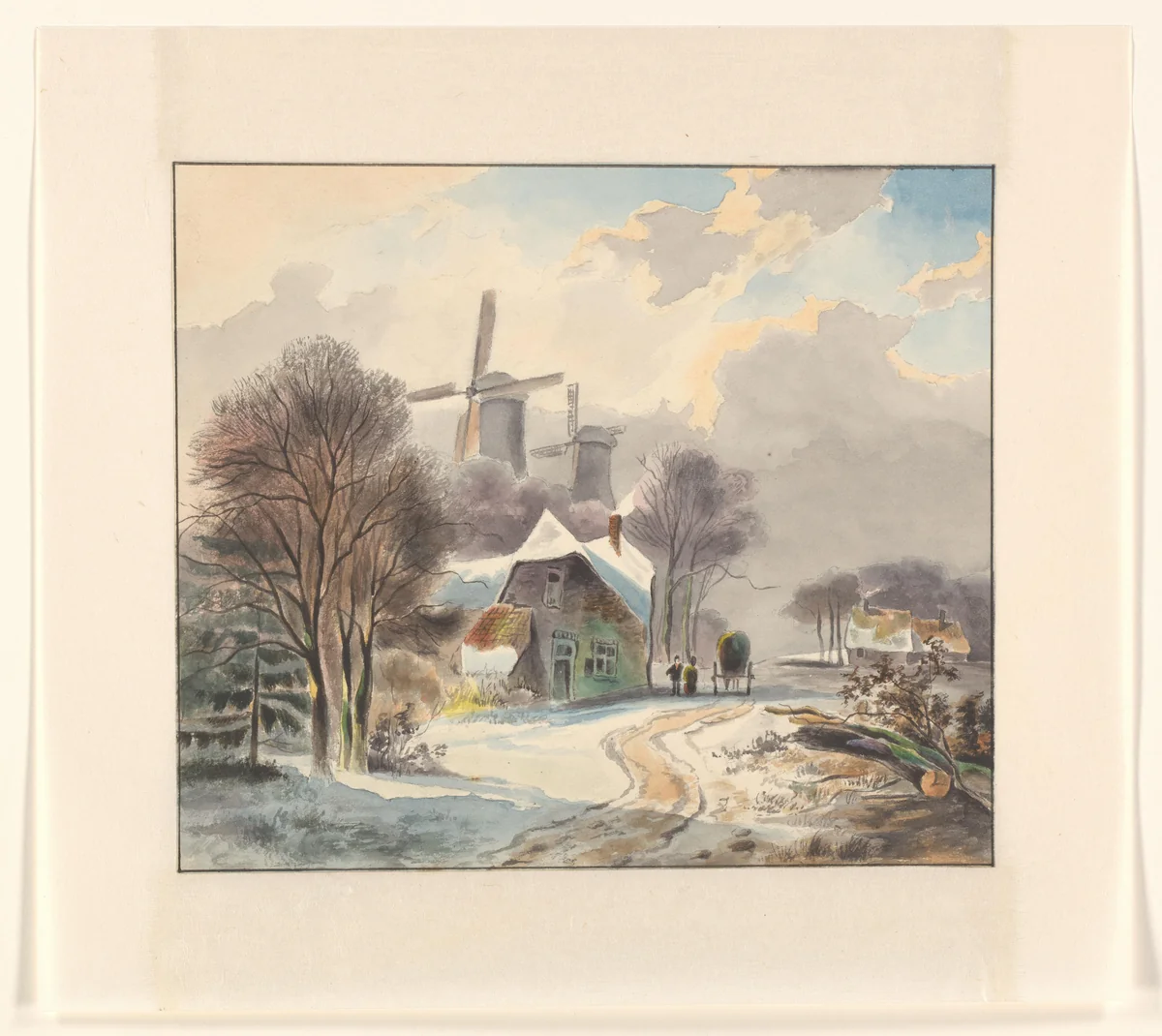 Winterlandschap met boerderijen en molens by Johannes van Reijn, drawing, 1800-1900