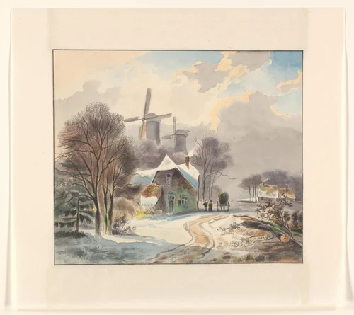 Winterlandschap met boerderijen en molens by Johannes van Reijn, drawing, 1800-1900