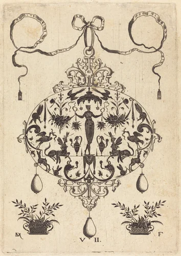 Large Pendant, Flora Standing, Holding a Fruit Garland by Daniel Mignot, print, 1596