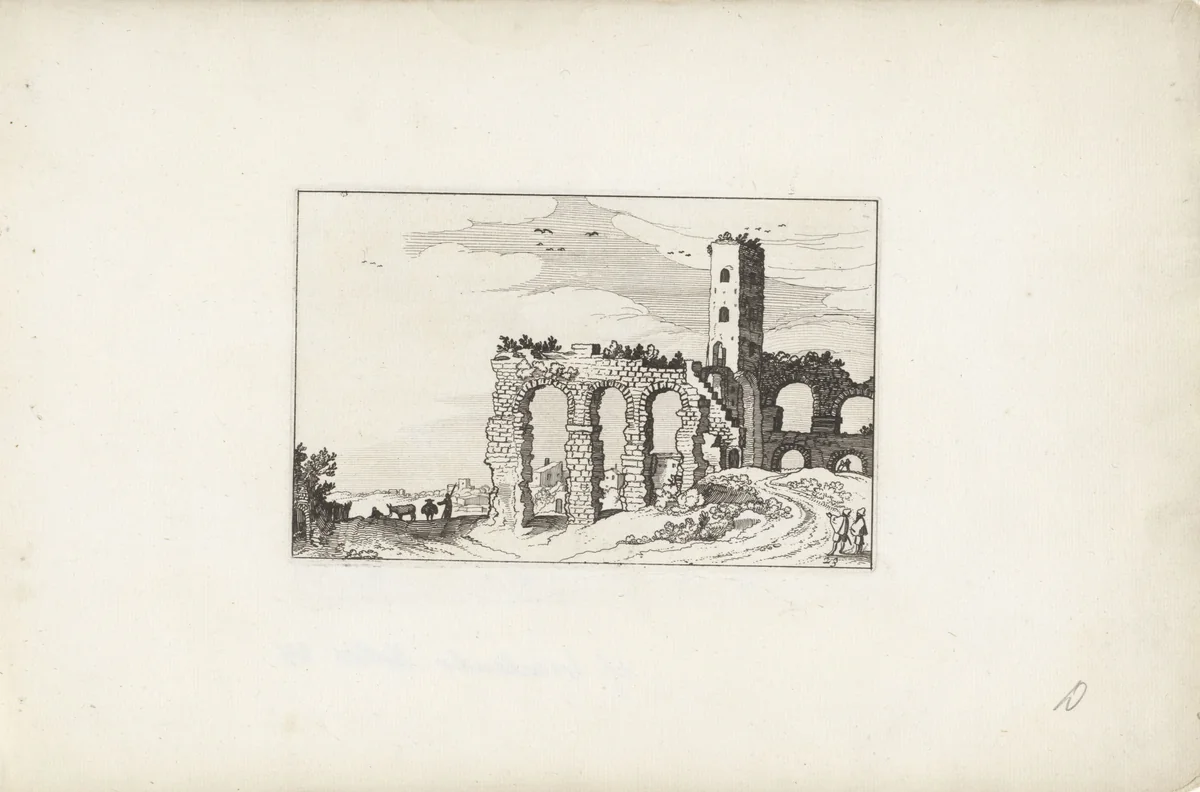 Ruïne van aquaduct by Claes Jansz Visscher, print, 1618