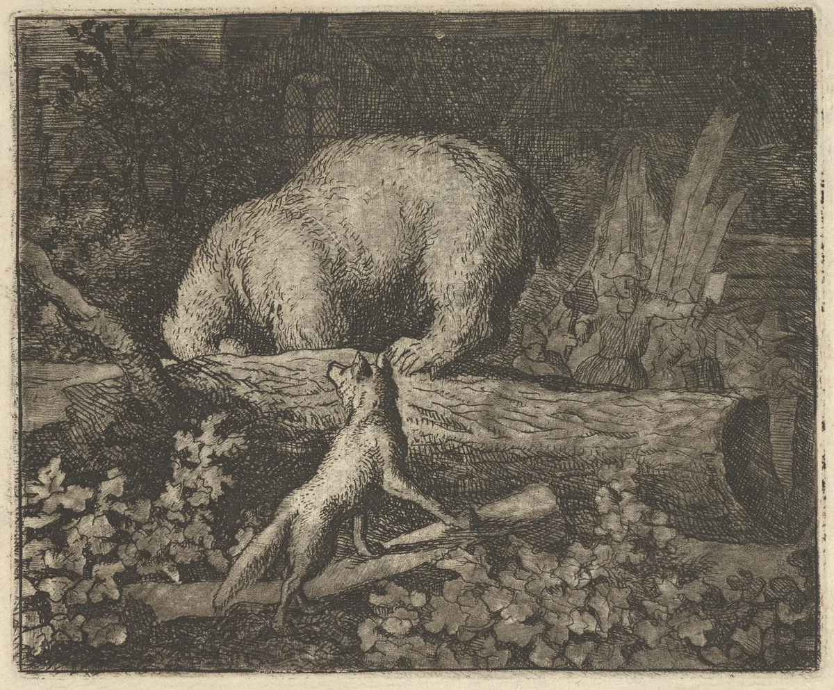 The Bear's Snout and Paws Are Caught in the Trunk of a Tree from Hendrick van Alcmar's Renard The Fox by Allart van Everdingen, print, 1650-1675