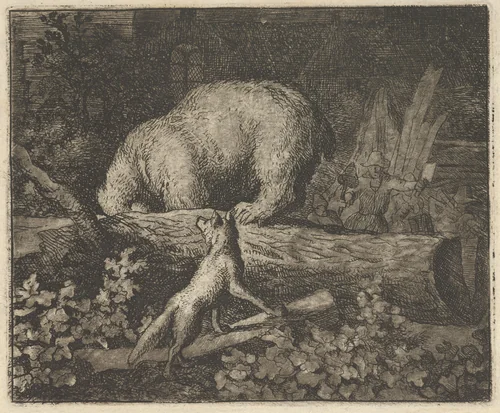 The Bear's Snout and Paws Are Caught in the Trunk of a Tree from Hendrick van Alcmar's Renard The Fox by Allart van Everdingen, print, 1650-1675