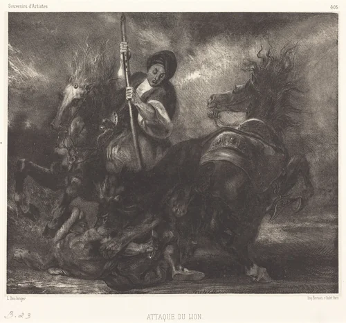 Attaque du lion by Louis Candide Boulanger, print, 1830