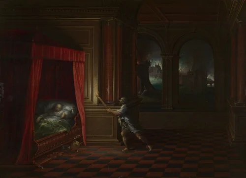 Aeneas Rescuing Anchises from Burning Troy by Hendrick van Steenwijck the Younger, painting, 1605-1620