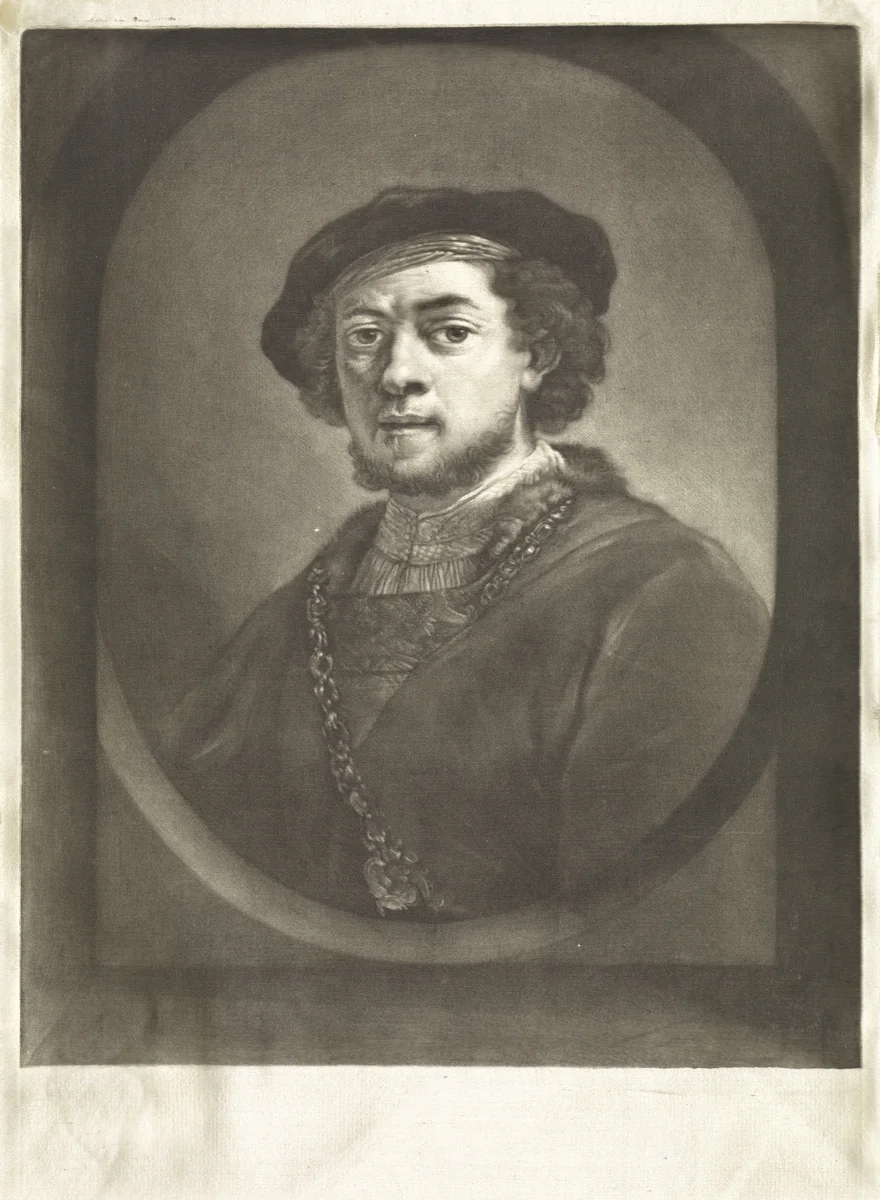 Portret van Rembrandt van Rijn by Pieter van Bleeck, print, 1747