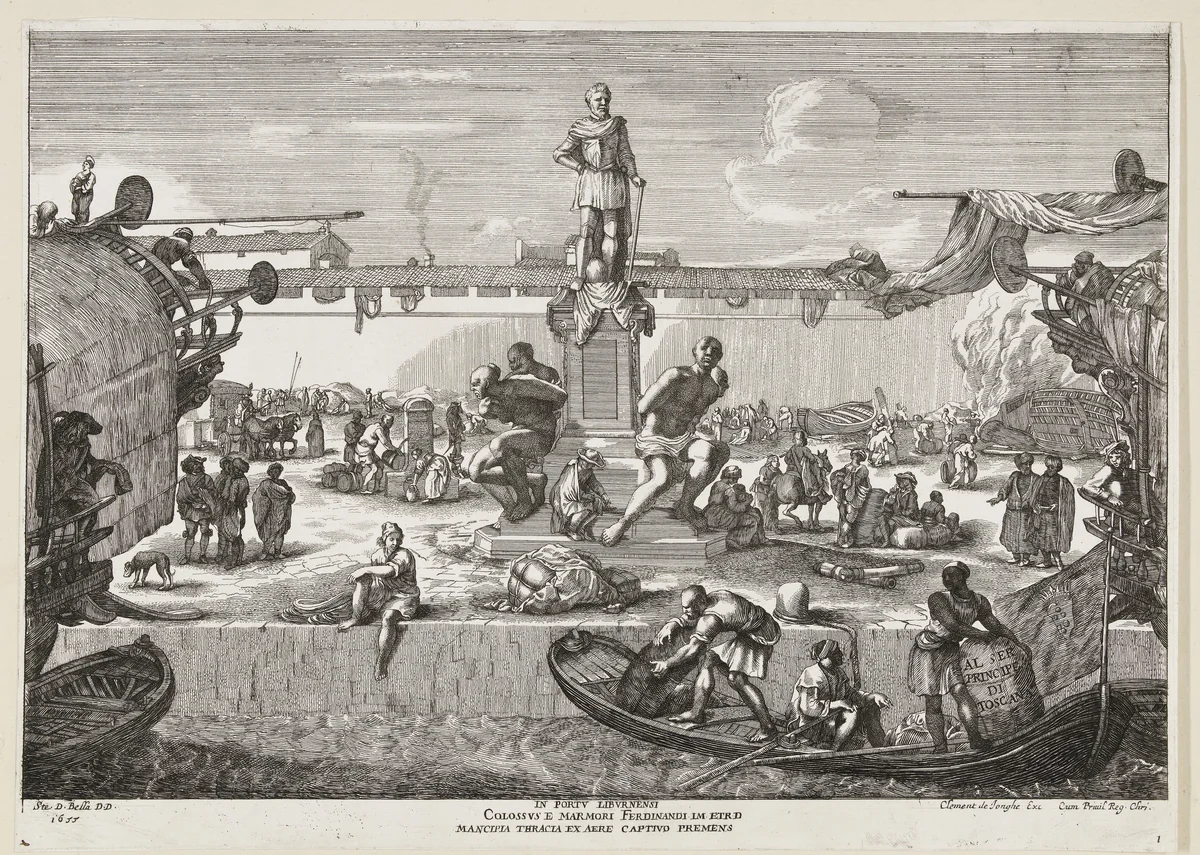 Standbeeld van Ferdinand I in de haven van Livorno by anonymous, print, 1655