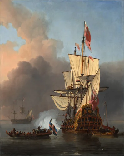 An English Warship Firing a Salute by Willem van de Velde the Younger, painting, 1673