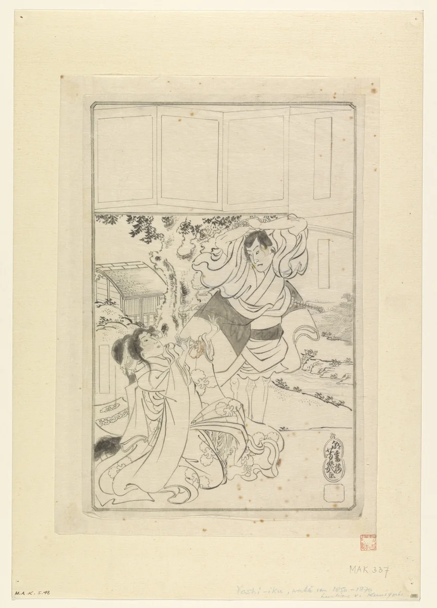 Man die op het punt staat een vrouw te onthoofden by Utagawa Yoshiiku, drawing, 1850-1900