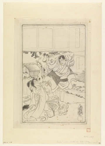 Man die op het punt staat een vrouw te onthoofden by Utagawa Yoshiiku, drawing, 1850-1900