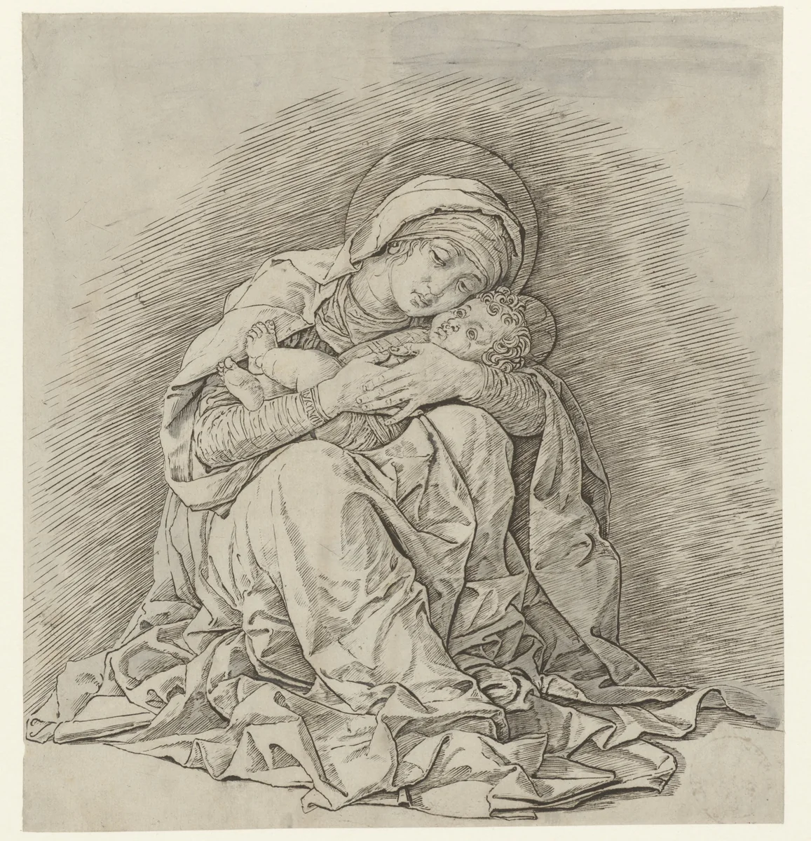 Zittende Maria met kind by Andrea Mantegna, print, 1465-1475