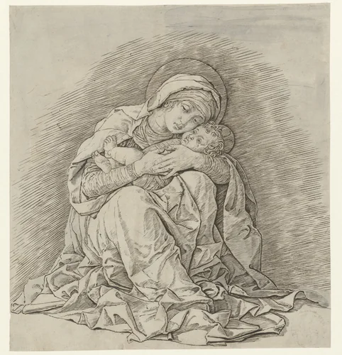 Zittende Maria met kind by Andrea Mantegna, print, 1465-1475