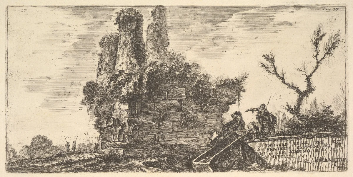 Plate 27: Tomb of the three Curiatii brothers in Albano (Sepolcro delle tre fratelli Curiati in Albano), from "Alcune Vedute di Archi Trionfali ed altri monumenti inalzati da Romani parte di quali se veggono in Roma e parte per l'Italia" (Some Views of Triumphal Arches and other monuments erected by the Romans, some of which are in Rome and some elsewhere in Italy) by Giovanni Battista Piranesi, print, 1743-1753