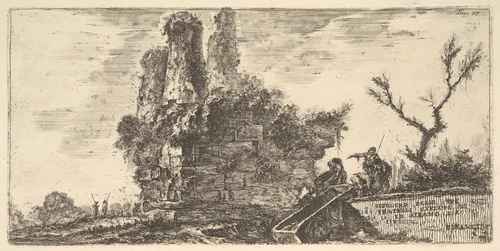 Plate 27: Tomb of the three Curiatii brothers in Albano (Sepolcro delle tre fratelli Curiati in Albano), from "Alcune Vedute di Archi Trionfali ed altri monumenti inalzati da Romani parte di quali se veggono in Roma e parte per l'Italia" (Some Views of Triumphal Arches and other monuments erected by the Romans, some of which are in Rome and some elsewhere in Italy) by Giovanni Battista Piranesi, print, 1743-1753
