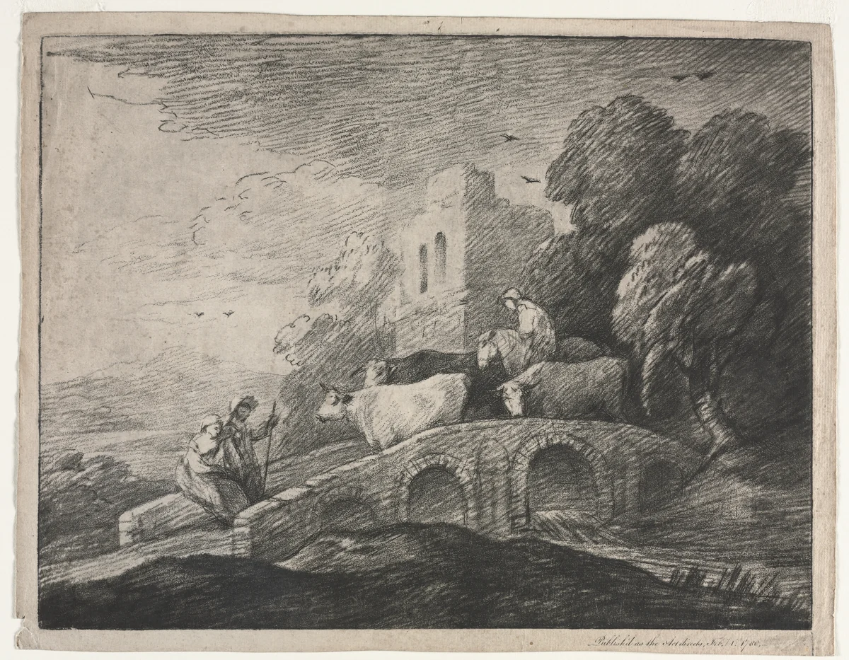 Wooded Landscape with Herdsmen Driving Cattle by Thomas Gainsborough, print, 1779-1780