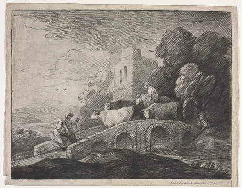 Wooded Landscape with Herdsmen Driving Cattle by Thomas Gainsborough, print, 1779-1780