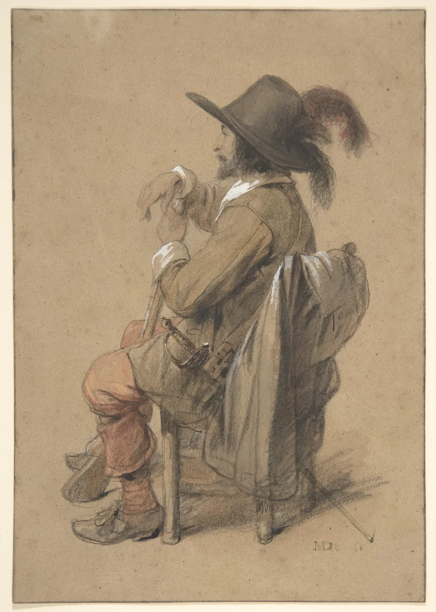 Seated Cavalier by Jean Baptiste Madou, drawing, 1816-1877