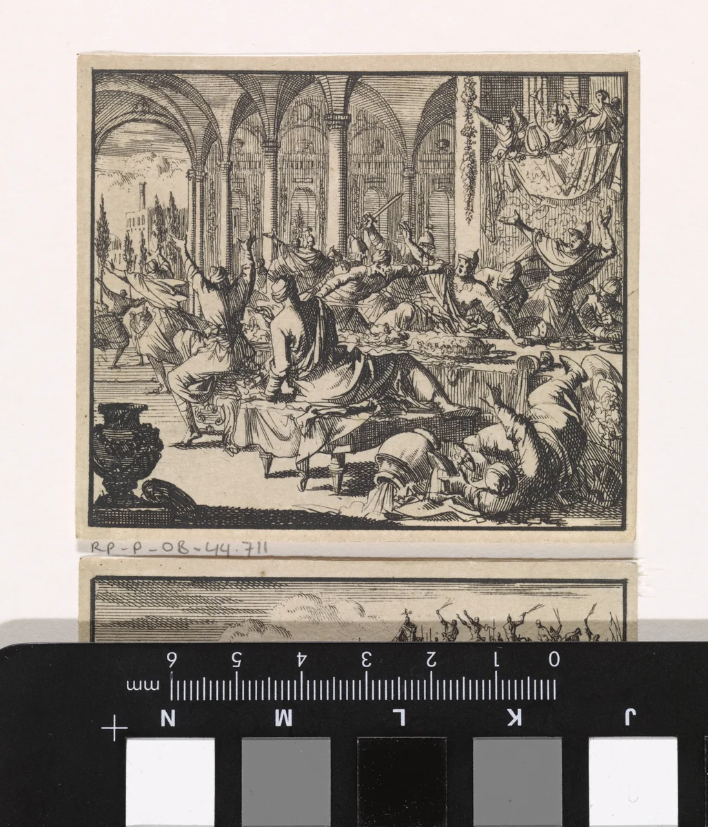 Simon aan een gastmaal op last van zijn schoonzoon Ptolomaeus vermoord by Jan Luyken, print, 1698