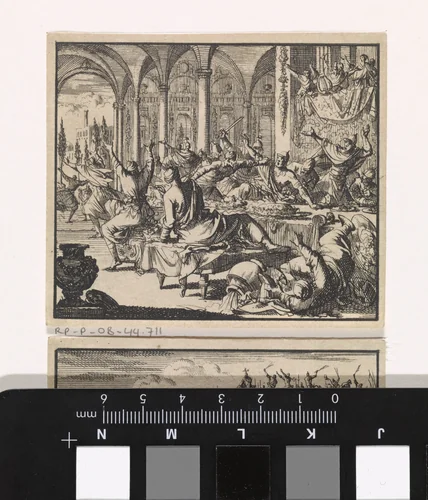 Simon aan een gastmaal op last van zijn schoonzoon Ptolomaeus vermoord by Jan Luyken, print, 1698