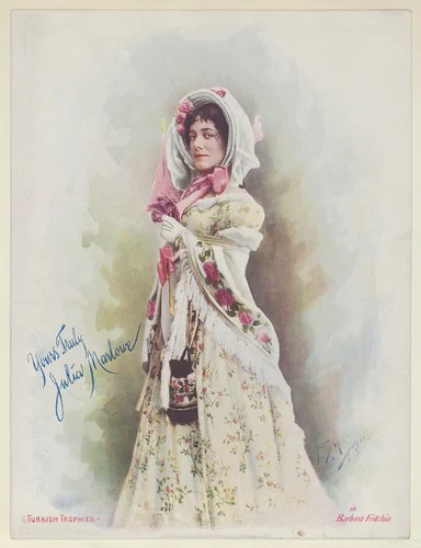 Julia Marlowe in Barbara Fritchie, from the Actresses series (T1), distributed by the American Tobacco Co. to promote Turkish Trophies Cigarettes by Frederick Moladore Spiegle, print, 1900