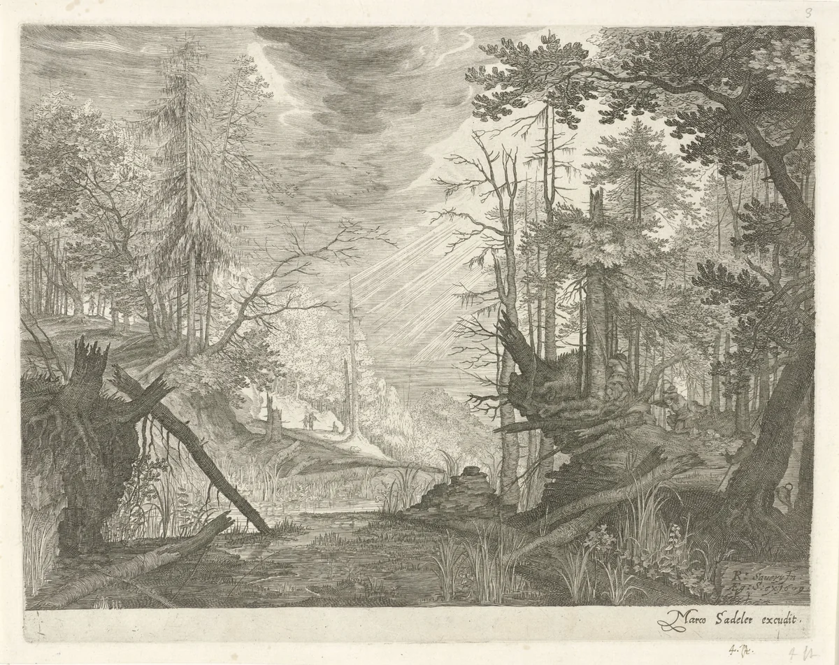 Drie jagers bij een rivier in een bos by Aegidius Sadeler, print, 1609