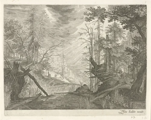 Drie jagers bij een rivier in een bos by Aegidius Sadeler, print, 1609
