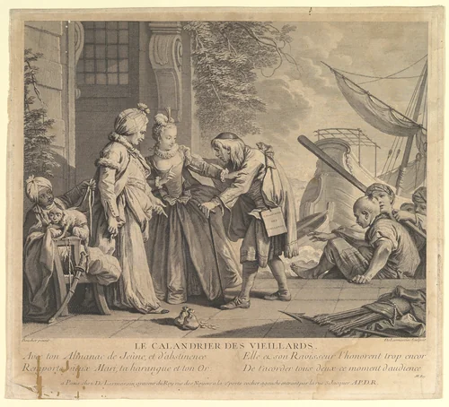 Le Calandrier des Vieillards (The Calendar of Old Men, from Suite d'Estampes Nouvelles pour les Contes de la Fontaine (Series of New Prints for the Tales of La Fontaine) by Nicolas de Larmessin, print, 1700-1755