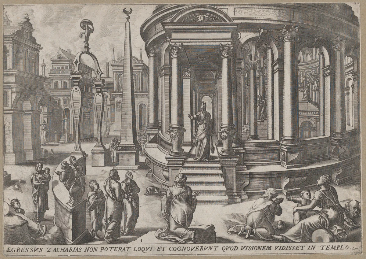 Zacharias Stepping out of the Temple, from "Events in and around the Temple" by Jan and Lucas van Doetecum, print, 1572