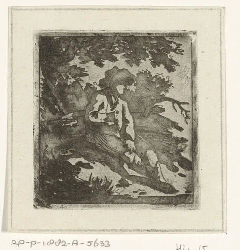 Man met hoed zittend onder een boom by Hermanus Fock, print, 1781-1822