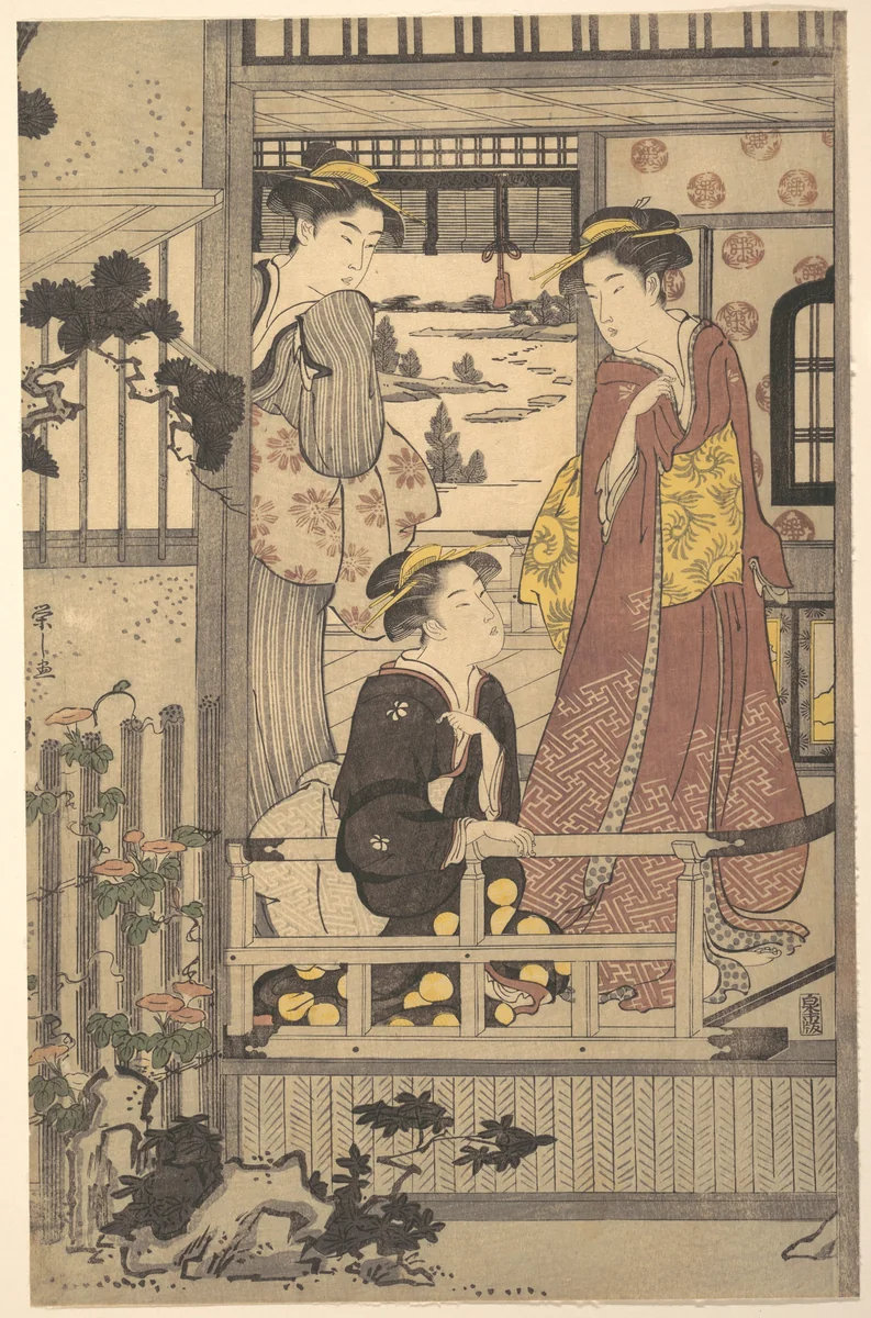 Three Women on a Veranda by Chōbunsai Eishi (鳥文斎栄之), print, 1756-1829