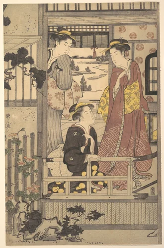 Three Women on a Veranda by Chōbunsai Eishi (鳥文斎栄之), print, 1756-1829