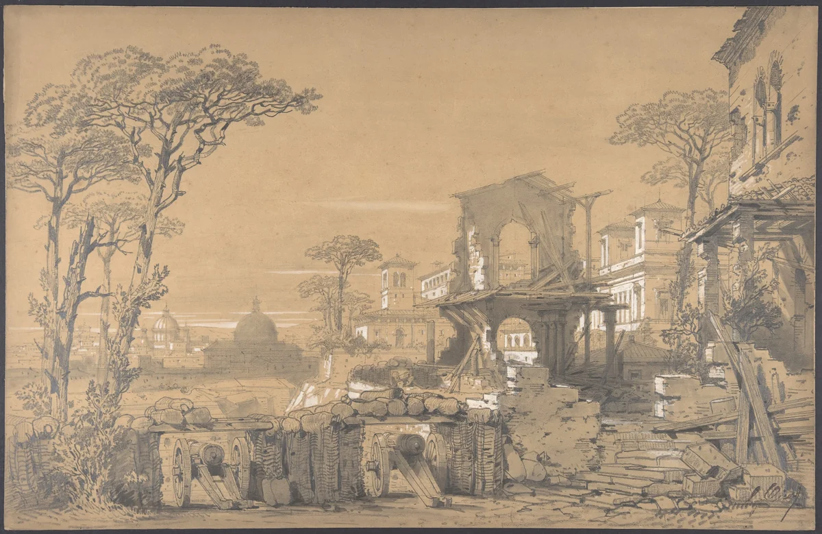 Design for a Stage Set at the Opéra, Paris: Landscape Looking Toward Rome by Eugène Cicéri, drawing, 1830-1890