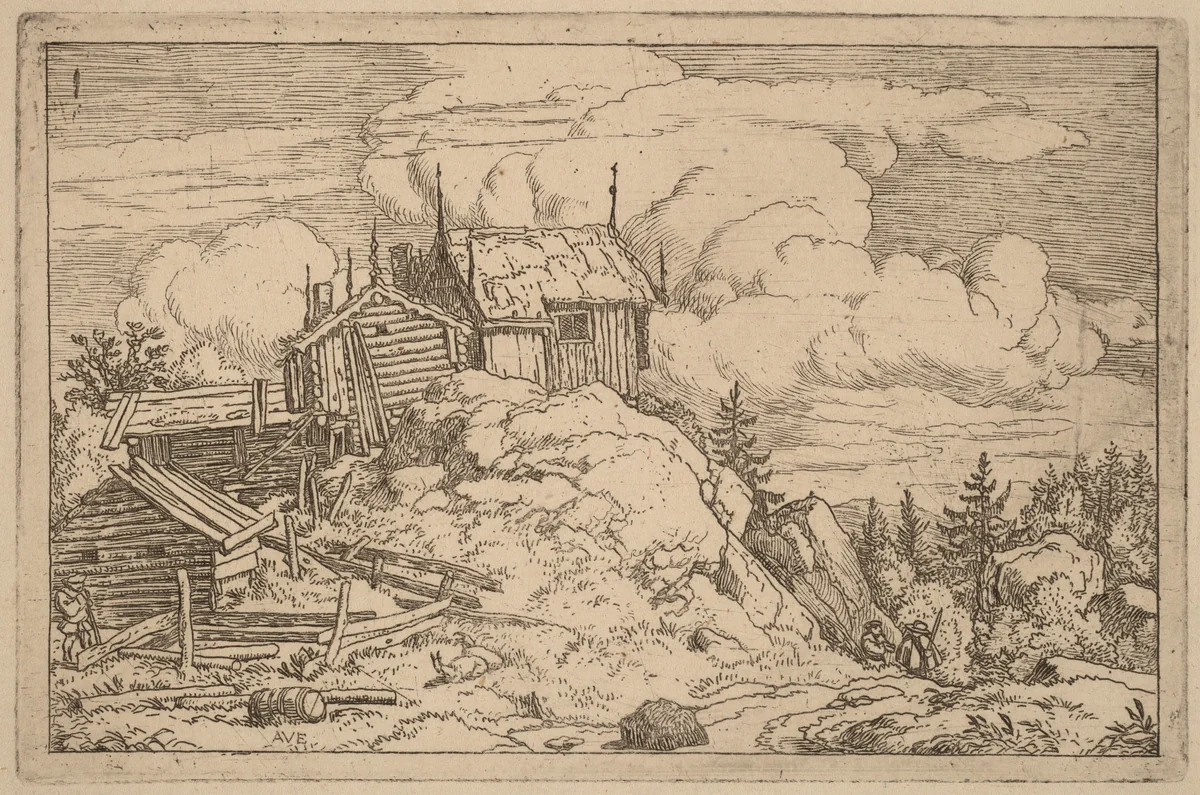 Hamlet on a Hill by Allart van Everdingen, print, 1645-1656