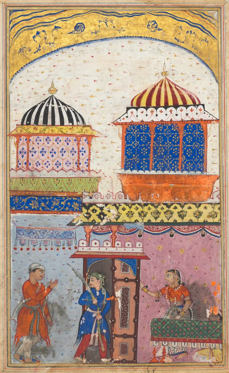 A woman asks her lover to leave her house, brandishing his sword and feigning rage in order to deceive her husband who has just arrived, from a Tuti-nama (Tales of a Parrot): Eighth Night by Gujarati, painting, 1555-1565