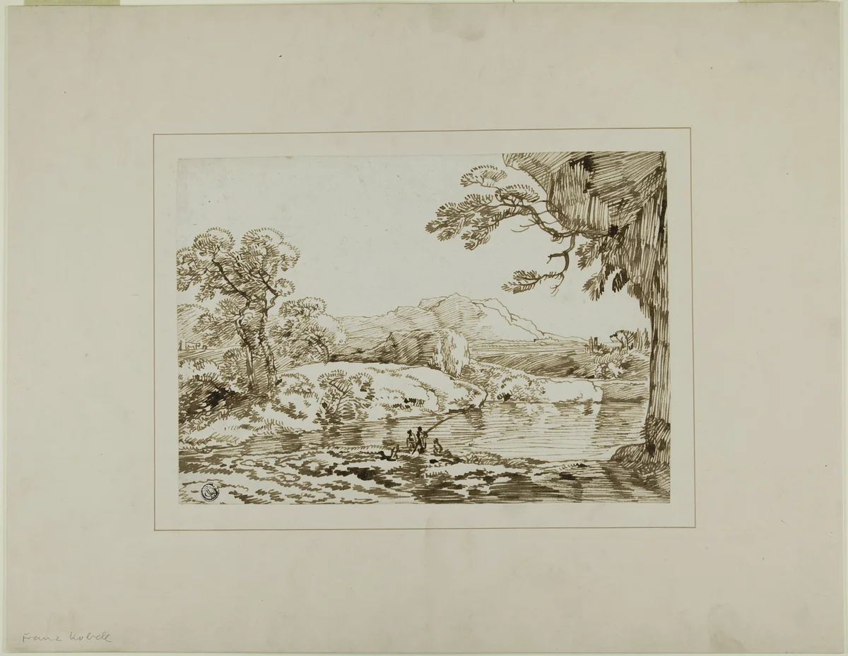 Landscape with River, Distant Hills, and Figures Fishing in Foreground by Franz Kobell, drawing, 1769-1822