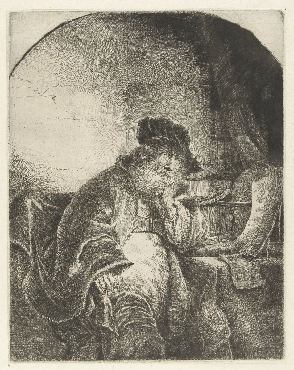 Peinzende filosoof by Ferdinand Bol, print, 1653