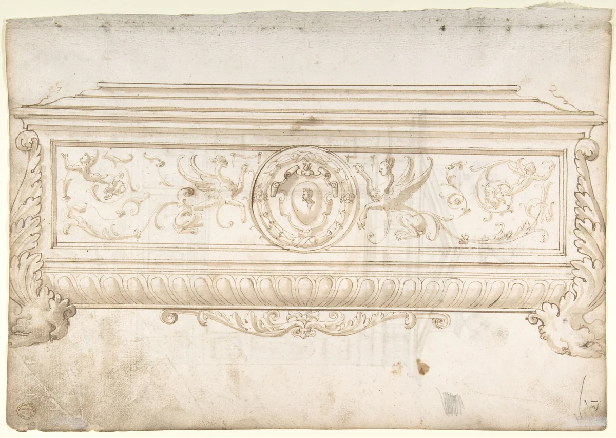 Design for a Cassone (recto); Design for a Tomb (verso) by anonymous, drawing, 1530-1560