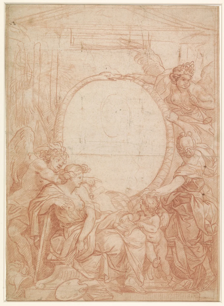 Ontwerp voor een portret omrand door een slang by Charles Le Brun, drawing, 1629-1690