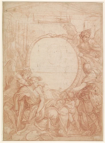 Ontwerp voor een portret omrand door een slang by Charles Le Brun, drawing, 1629-1690