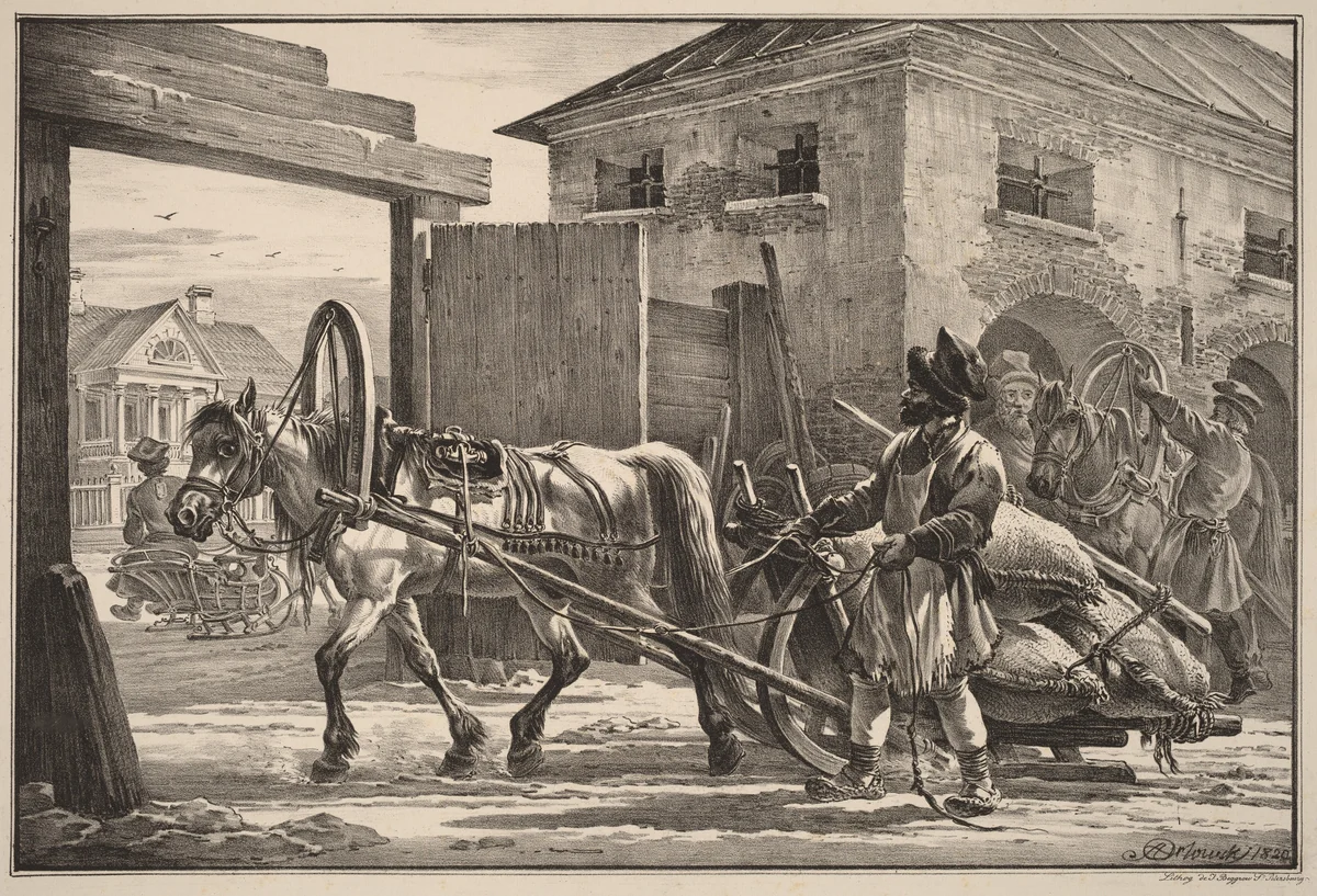 Sled Loaded with Flour Led by an Isvoschik by Aleksandr Osipovich Orlovskii, print, 1820