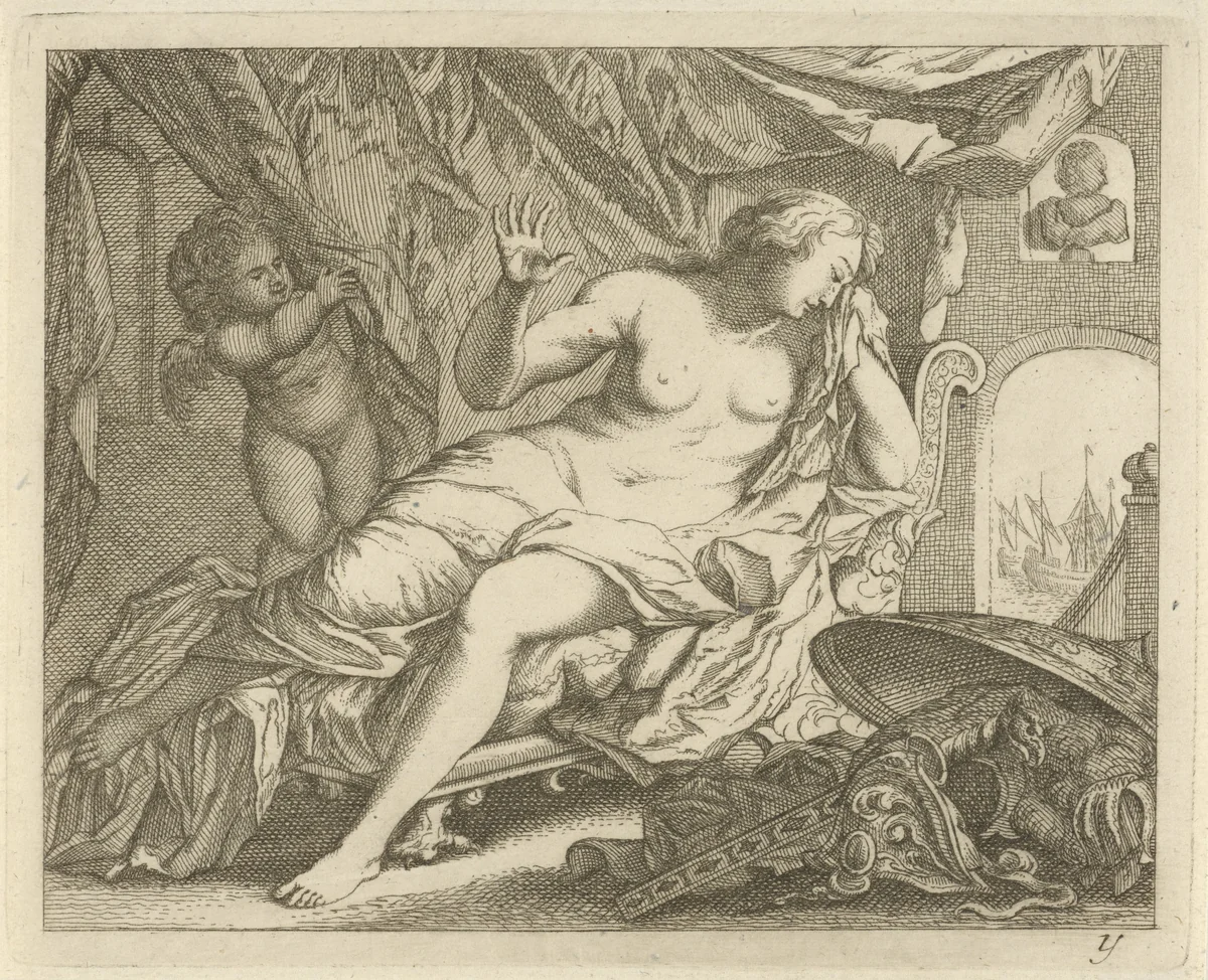 Dido treurt om Aeneas by anonymous, print, 1700-1750