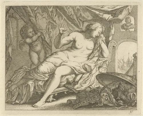Dido treurt om Aeneas by anonymous, print, 1700-1750