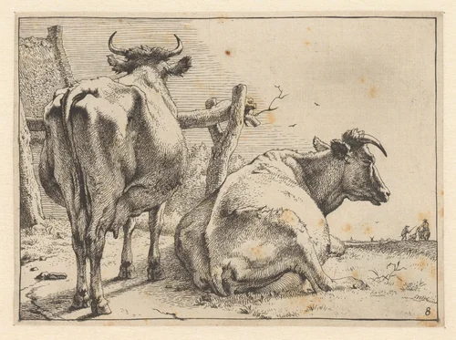 Twee koeien van achteren gezien by Paulus Potter, print, 1650