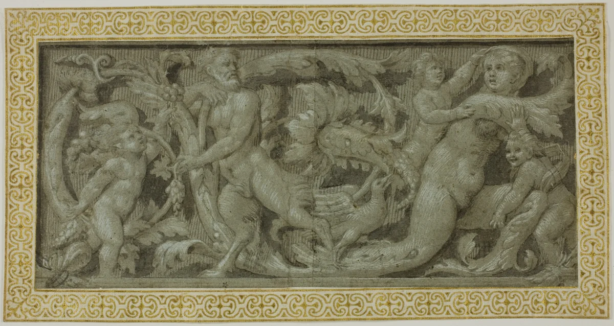 Frieze with Satyr, Nymph, and Putti by Giovanni Antonio de'Sacchis, drawing, 1503-1539