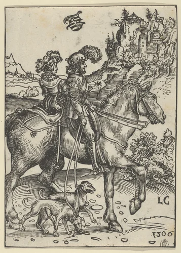 Gentleman and Lady Riding to the Hunt by Lucas Cranach, print, 1472-1553
