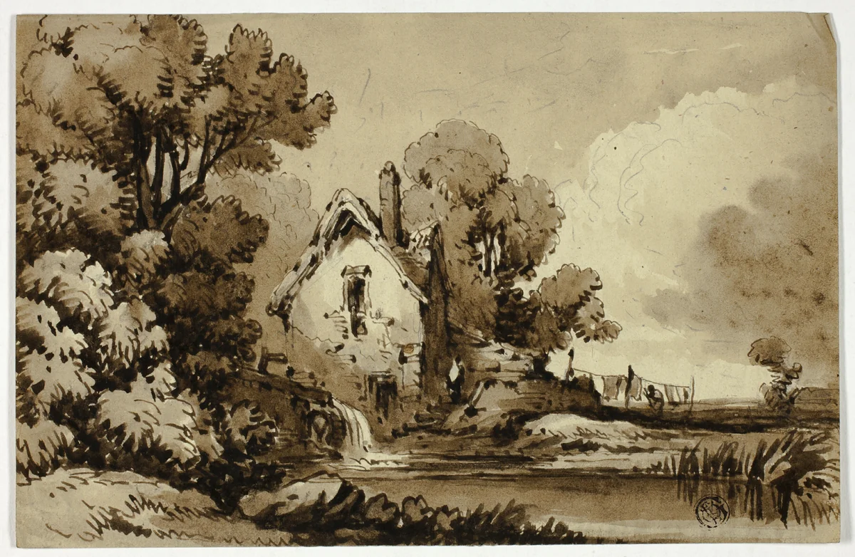 Watermill Beside Stream, with Clothes on Line by John Varley, drawing, 1815-1836